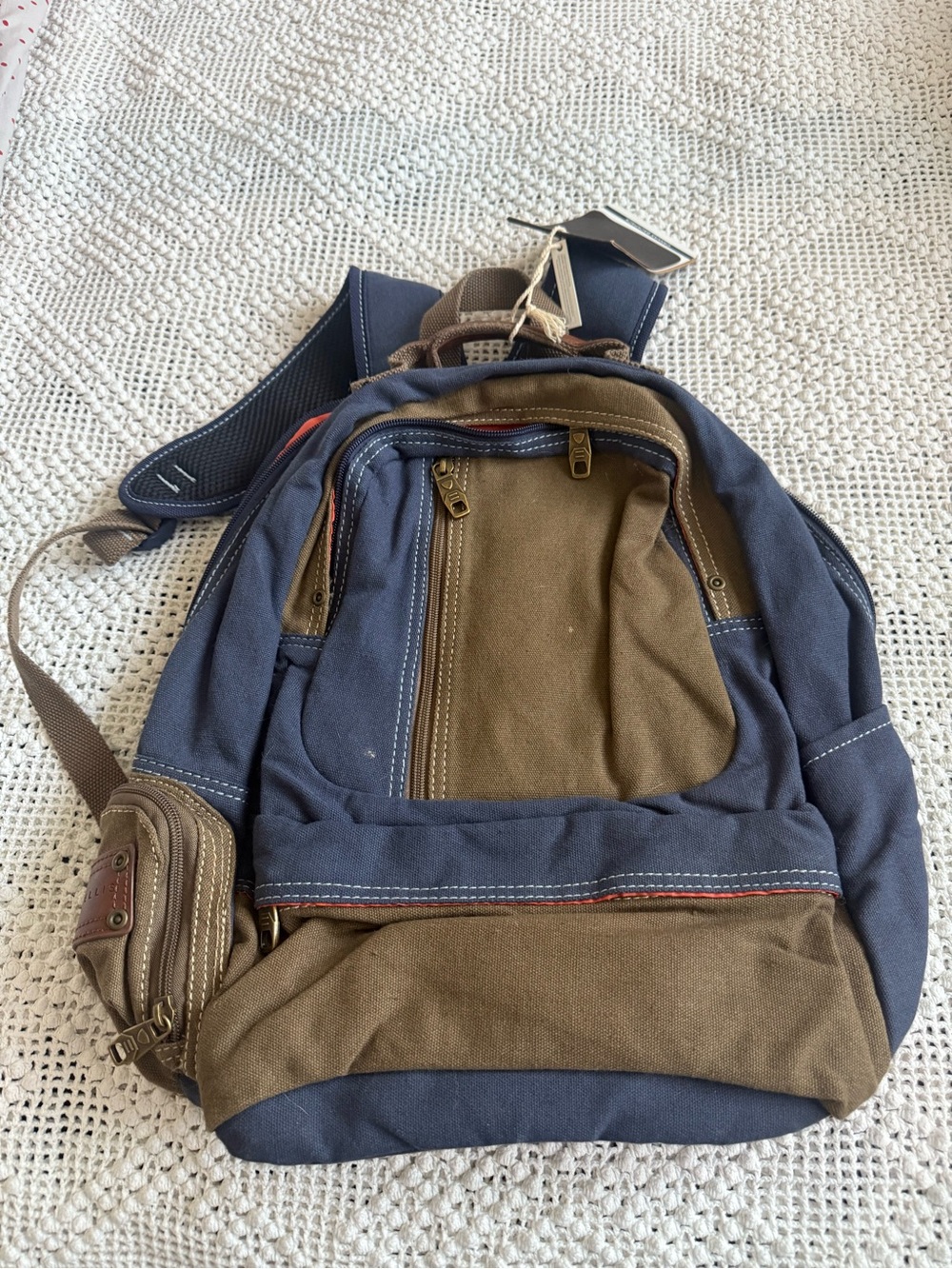 Perry Ellis Navy and Olive Canvas Backpack with Accent Trim